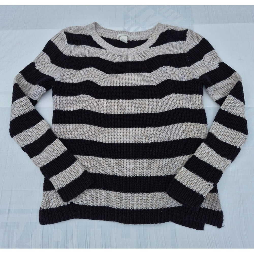 HM Black Cream Striped Knit Sweater Crew Neck Split Hem Size M